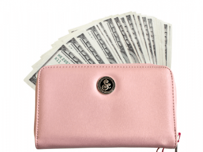 pink wallet with many hundred dollar bills