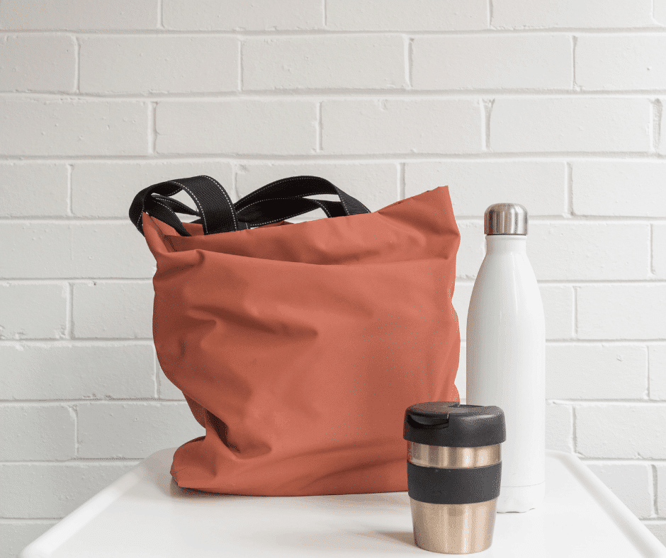 Reusable bag, mug, and water bottle