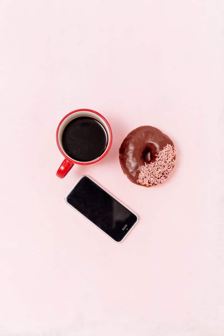 coffee, phone, and donut