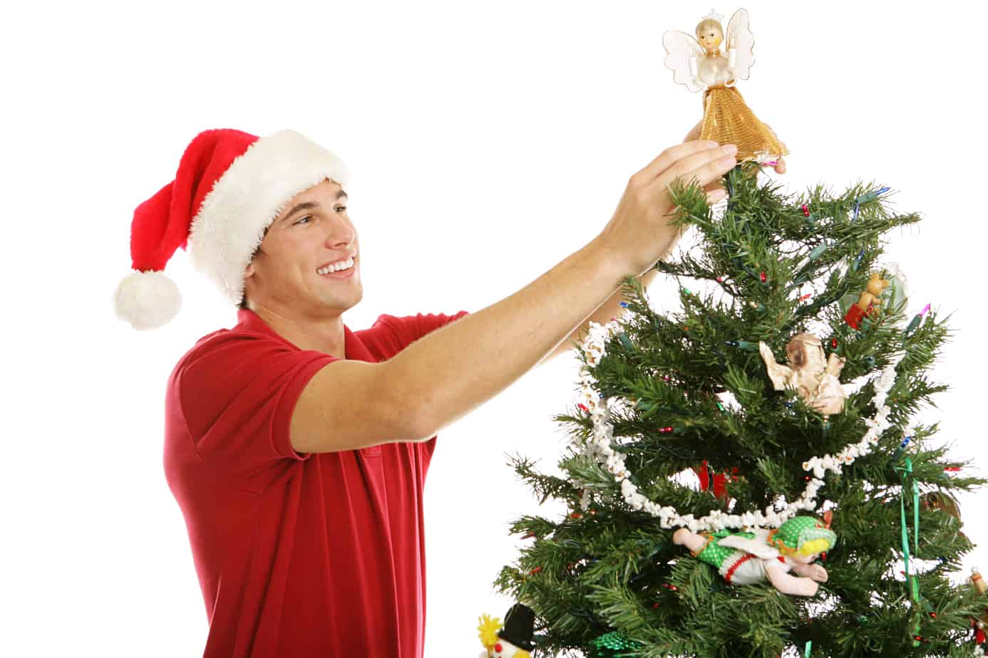 teen boy and christmas hat, tree