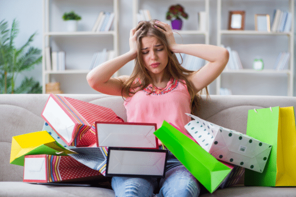 girl on couch upset with shopping bags