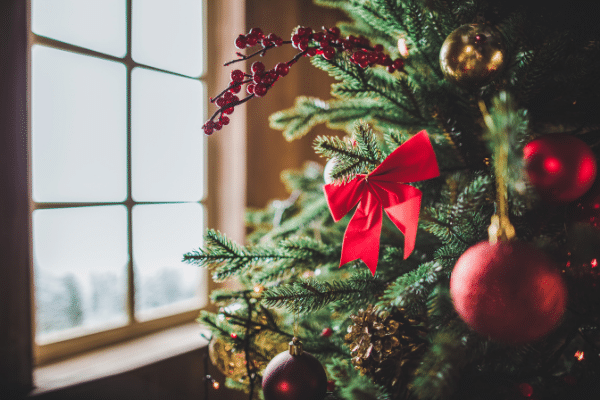 Christmas tree by window with red decorations