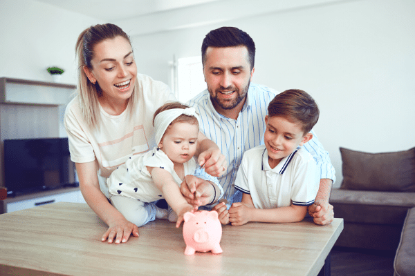 Family and a piggy bank