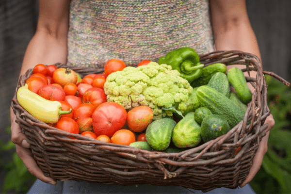woman holding basket of veggies