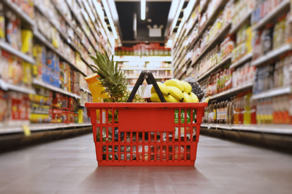 grocery shopping basket in grocery store