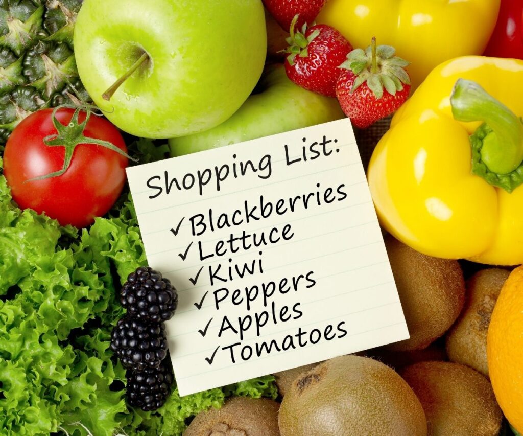 shopping list on top of fresh produce lettuce tomato apple strawberry kiwi fruit yellow bell pepper