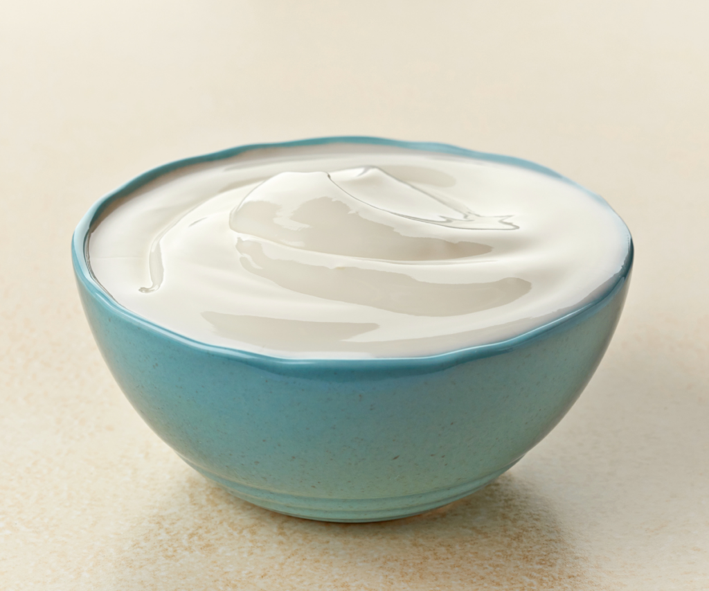 A bowl of Greek yogurt on a countertop
