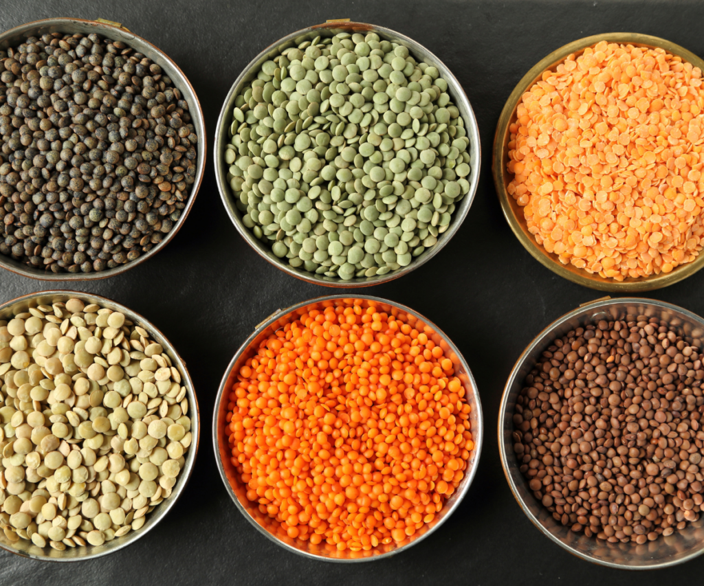 Bowls of different colored lentils
