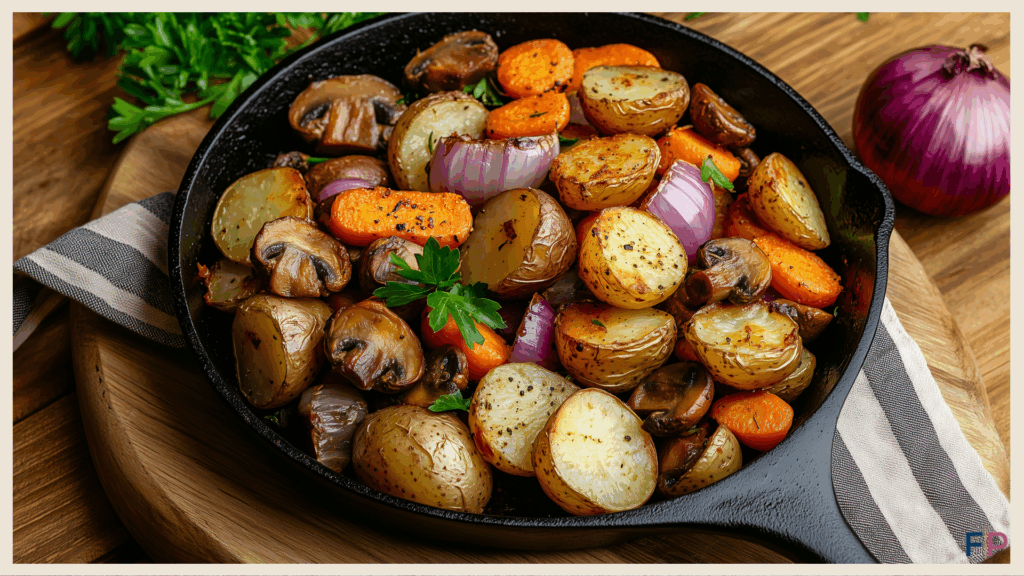 Skillet with roast vegetables